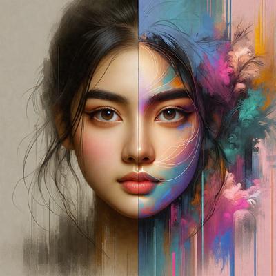 The primary subject of the image is a woman with a ponytail. She is depicted in two different styles: one with a colorful, abstract background and the other with a more traditional, realistic background. The setting/background features a colorful, abstract design, while the visual style is a combination of photo and digital art. The colors and mood of the image are vibrant and lively, with a focus on the woman's beauty and the contrast between the two different styles.